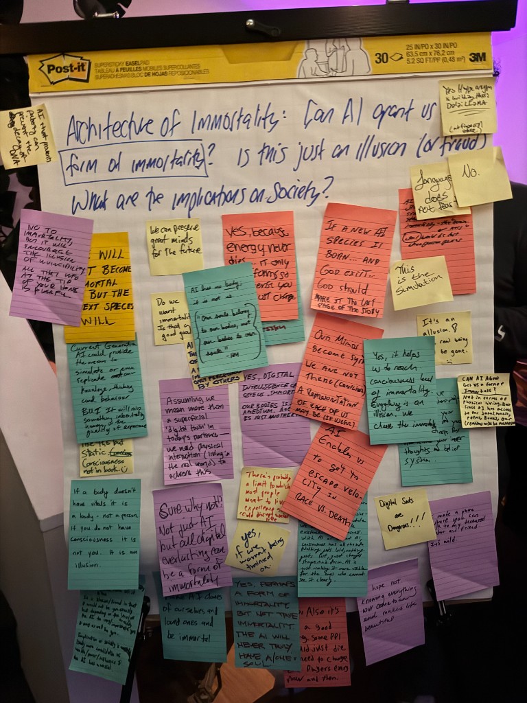 A wall of Post-it notes responding to a prompt about whether AI can grant immortality.