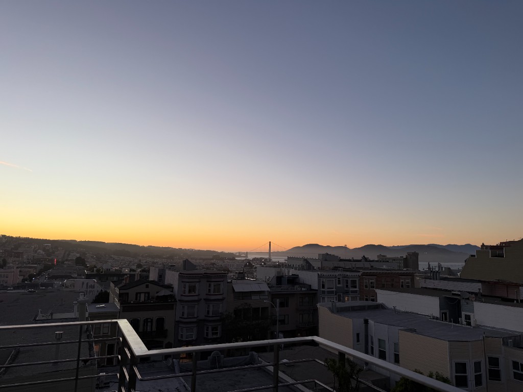 View over San Francisco at sunset from a rooftop in Russian Hill.